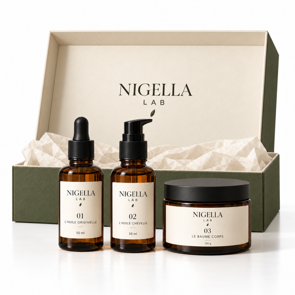 Univers de la marque fictive NIGELLA LAB et coffret de soins à la nigelle
